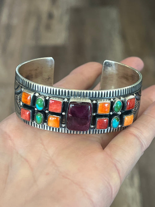 Navajo Electric Rainbow Turquoise and Spiny Oyster Cuff Bracelet by Bernyse Chavez