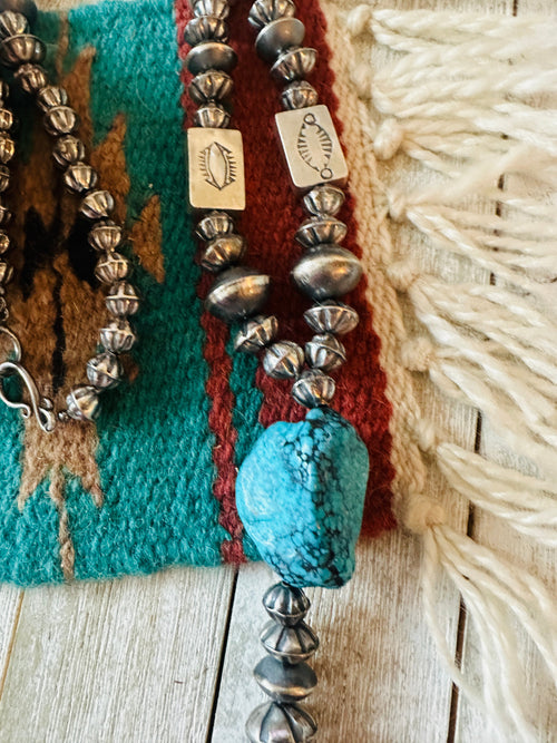 Navajo Turquoise & Sterling Silver Pearl Beaded Lariat Necklace