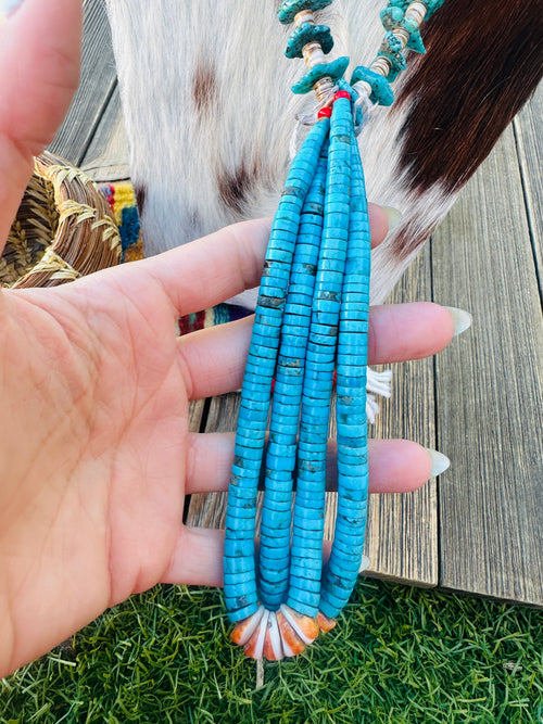 Old Pawn Handcrafted Heishi and Turquoise Beaded 30” Jacla Necklace