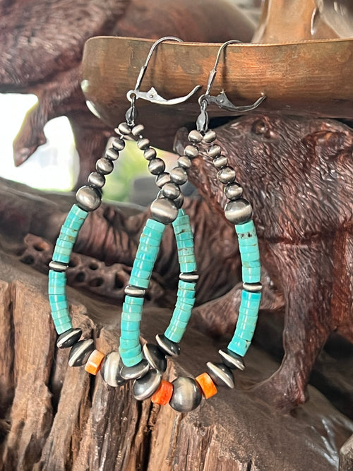 Navajo Made Sterling Silver, Kingman Turquoise and Orange Spiny Oyster Beaded Teardrop Hoop Earrings, Leverbacz