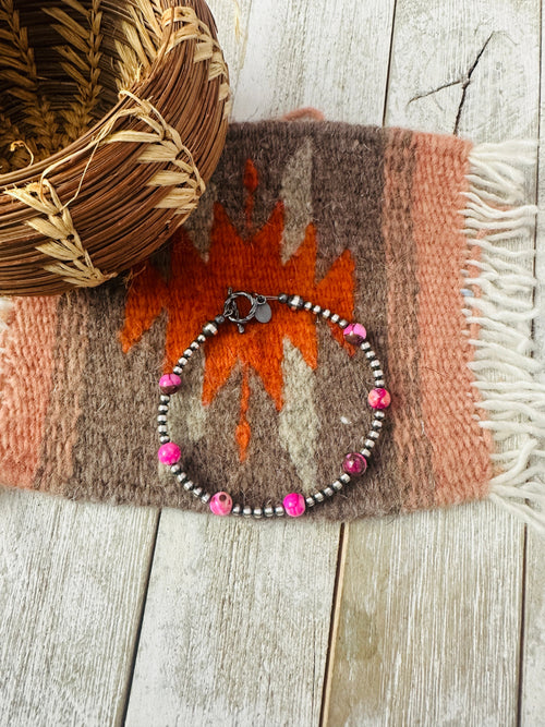 Navajo Pink Mojave and Sterling Silver Pearl Beaded Bracelet