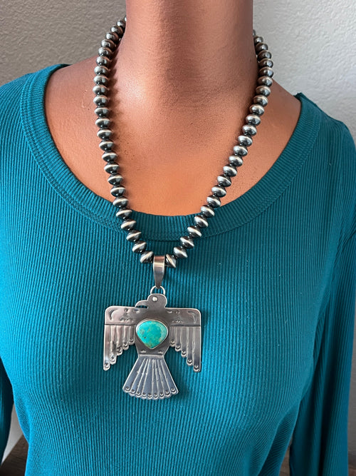 Kimari Somers Hand Stamped Sterling Silver & Kingman Turquoise Thunderbird Pendant 1