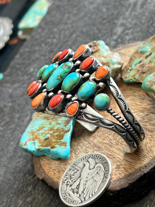Navajo Hand Stamped Sterling Silver, Sonoran Turquoise and Spiny Oyster Shell Cluster Cuff Bracelet by Diane Wylie