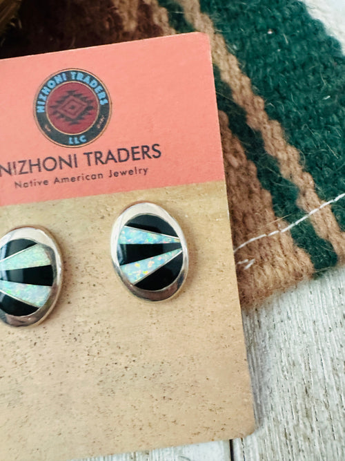 Old Pawn Navajo Sterling Silver, Onyx & Opal Inlay Post Earrings
