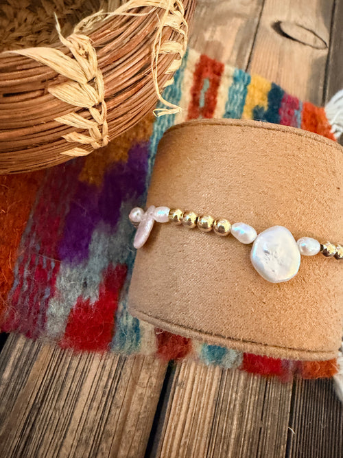 Handcrafted Mother of Pearl & Gold-Plated Sterling Silver Pearl Beaded Stretch Bracelet