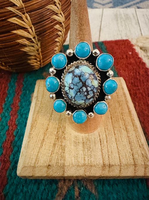 Navajo Sterling Silver & Turquoise Cluster Adjustable Ring