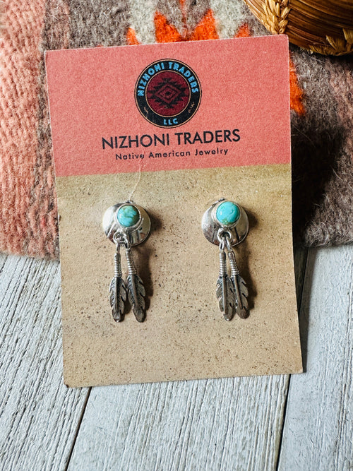 Navajo Turquoise & Sterling Silver Concho Feather Earrings