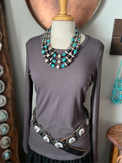 Navajo Sterling Silver, Kingman Turquoise and Spiny Oyster Shell Handcrafted Beaded Necklace by Rose Martin, 24 + 1-1/2 inches