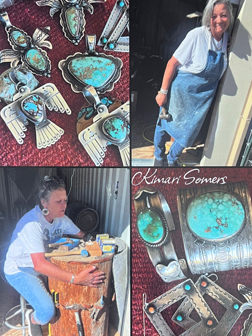 Kimari Somers Hand Stamped Sterling Silver, Brass & Turquoise Queen of Hearts Pendant