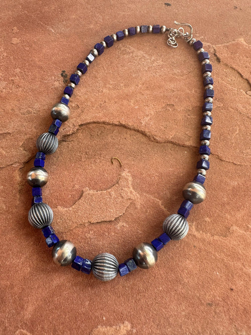 Handmade Sterling Silver & Lapis Beaded Necklace