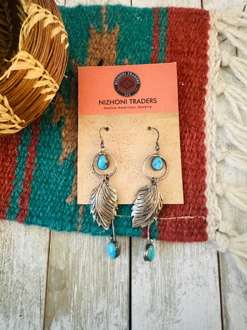 Old Pawn Navajo Sterling Silver & Turquoise Feather  Dangle Earrings
