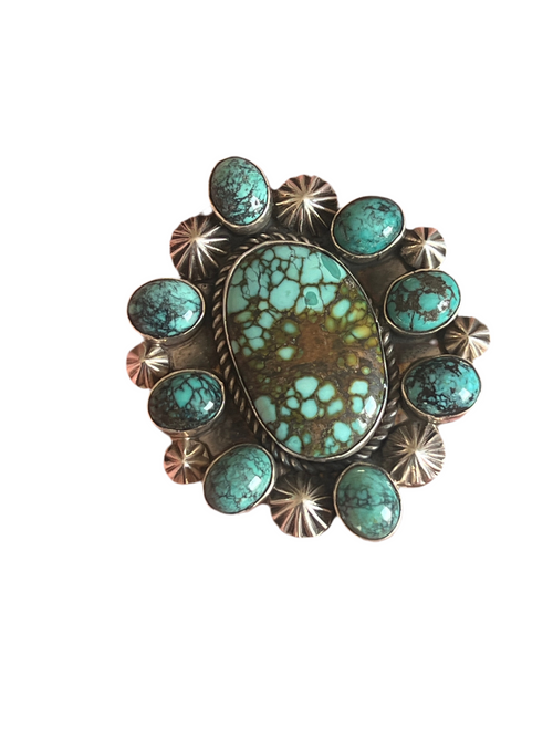 Apache Sterling Silver and Hubei Turquoise Cluster Ring by Rosella Paxson, Size 8.75