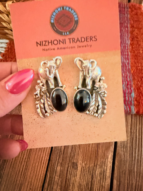 Old Pawn Vintage Handcrafted Onyx & Sterling Silver Elephant Earrings