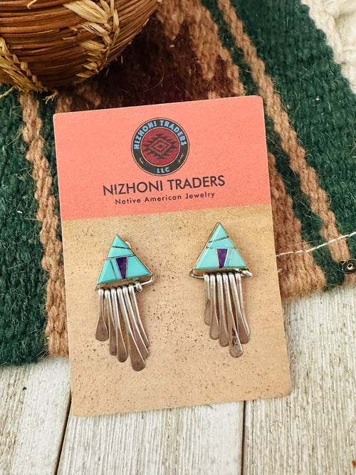 Old Pawn Navajo Sterling Silver, Turquoise & Charoite Inlay Dangle Earrings