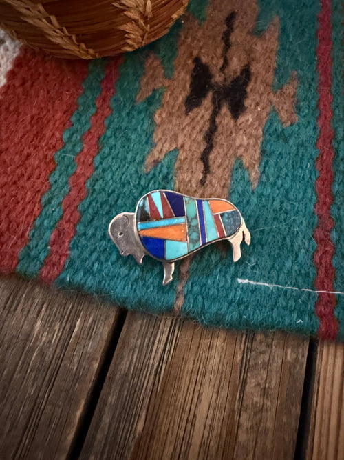 Old Pawn Handcrafted Multi Stone & Sterling Silver Inlay Buffalo Pendant/Brooch