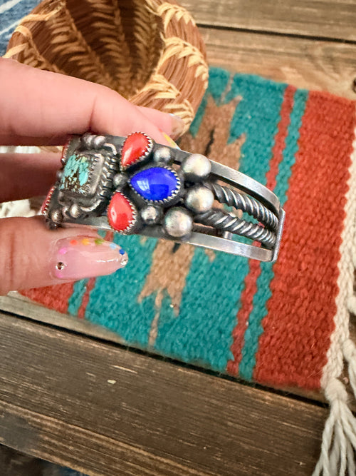 Handcrafted Old Pawn Sterling Silver & Multi Stone Cuff Bracelet