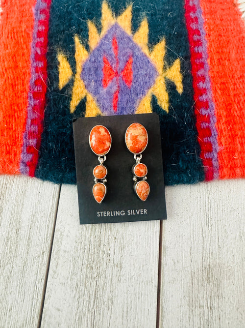 Navajo Sterling Silver Apple Coral Dangle Earrings