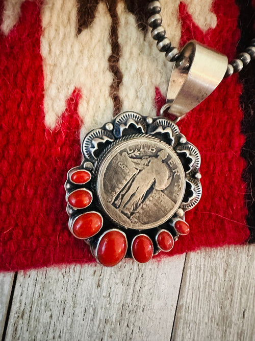 Handcrafted Sterling Silver and Coral Liberty Coin Pendant by Randy Boyd