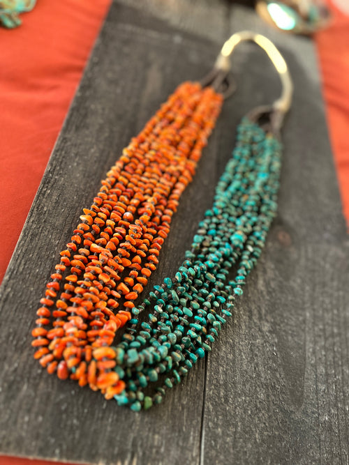 Gorgeous Santo Domingo Made Eight Strand Spiny Oyster and Turquoise Beaded Squaw Wrap Necklace by Daniel Coriz