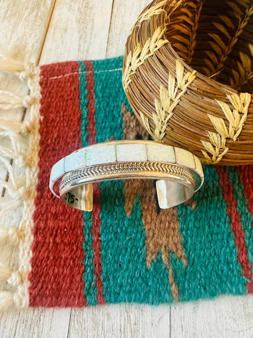 Navajo Fire Opal & Sterling Silver Inlay Cuff Bracelet