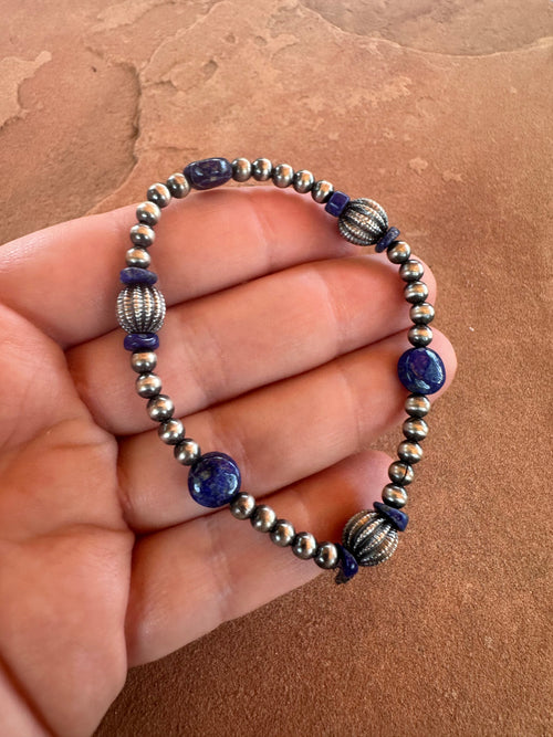 Handmade Lapis & Sterling Silver Beaded Stretch Bracelet