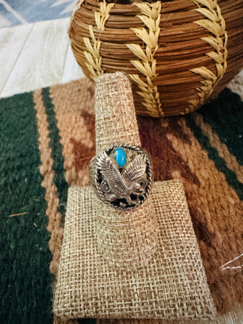 Old Pawn Handcrafted Turquoise & Sterling Silver Eagle Ring Size 8