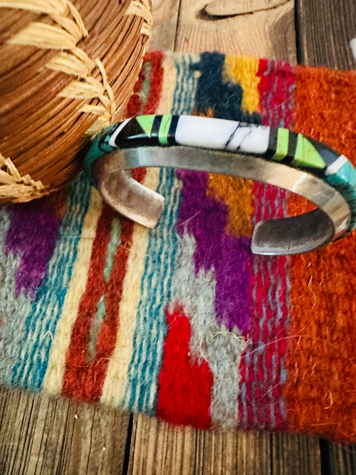 Handcrafted Old Pawn Sterling Silver & Multi Stone Inlay Cuff Bracelet