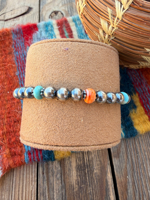 Handcrafted Turquoise, Spiny Oyster & Sterling Silver Pearl Beaded Bracelet