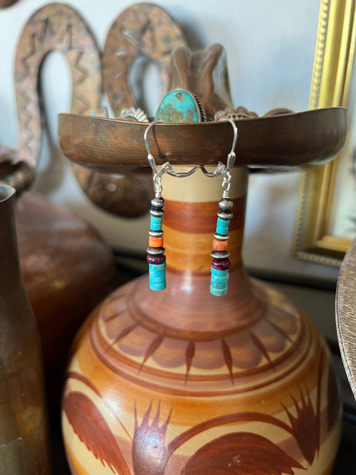 Navajo Made Sterling Silver Summer Lovin’ Turquoise and Spiny Oyster Beaded Drop Earrings, Leverback