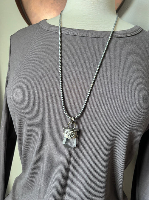 Sterling Silver Gem Collector 30” + 2” Beaded Necklace w/ Tularosa Quartz & Heart Pendant