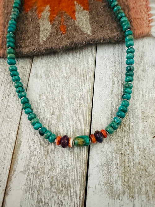 Navajo Turquoise, Spiny, Amethyst & Sterling Silver 16” Beaded Necklace