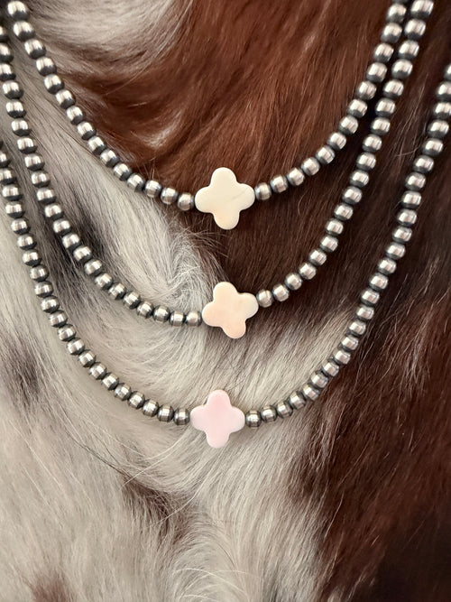 Handcrafted Queen Pink Conch and Sterling Silver Pearl Quatrefoil Beaded Necklace