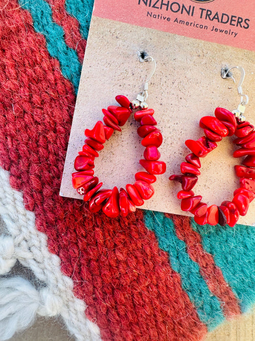 Navajo Sterling Silver Apple Coral Beaded Dangle Earrings