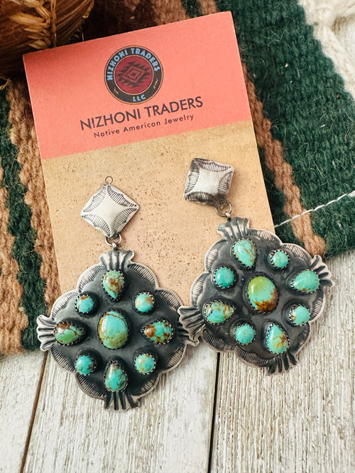 Old Pawn Navajo Sterling Silver & Turquoise Cluster Dangle Earrings