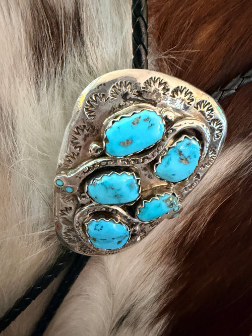 Handcrafted Vintage Old Pawn Sterling Silver & Turquoise Concho Bolo Tie by Effie Calavaza