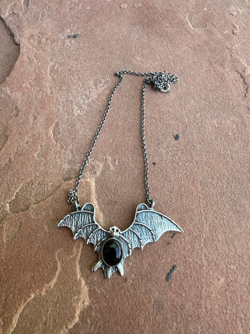 Beautiful Handmade Sterling Silver & Onyx Bat Single Stone Necklace