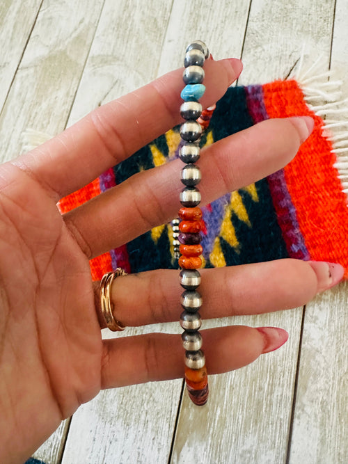 Navajo Sterling Silver, Spiny & Turquoise Beaded 14” Necklace