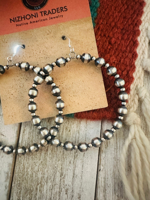 Navajo Sterling Silver Pearl Beaded Dangle Hoop Earrings
