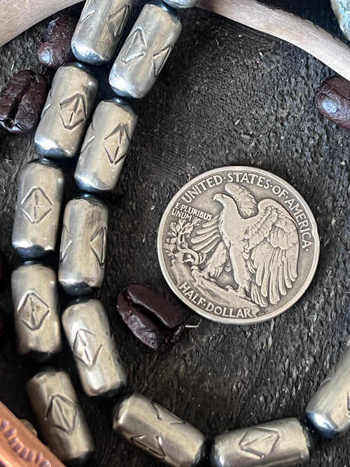 Handmade Stamped Sterling Silver Barrel Beads, Intersection