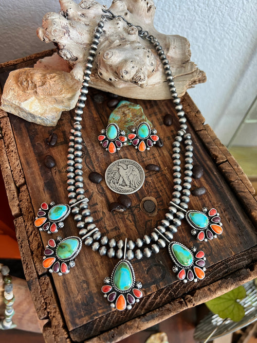 Navajo Made Sterling Silver Electric Rainbow Beaded Cluster Necklace & Earrings Set by Angela Martin