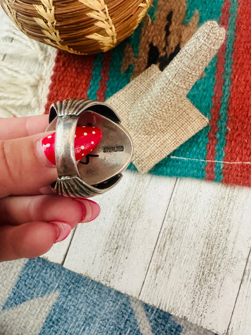 Old Pawn Navajo Sterling Silver, Turquoise & Coral Ring Size 11.5