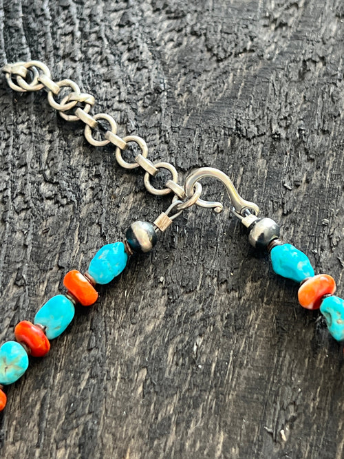 Artisan Kingman Turquoise, Spiny Oyster and Sterling Silver Bead Necklace
