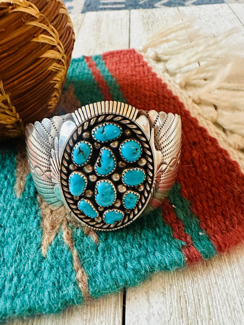 Old Pawn Navajo Sterling Silver & Turquoise Cluster Cuff Bracelet
