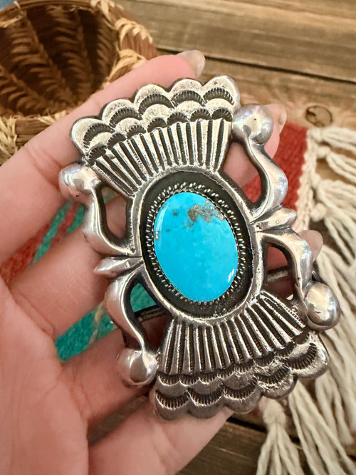 Handcrafted Vintage Old Pawn Sterling Silver and Turquoise Belt Buckle