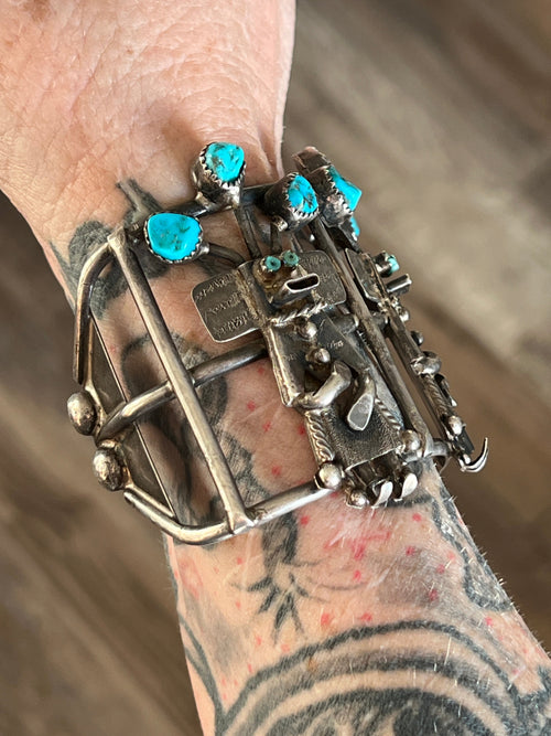 Amazing One of a Kind Antique Sterling Silver and Turquoise Yei Bi Chei Cuff Bracelet