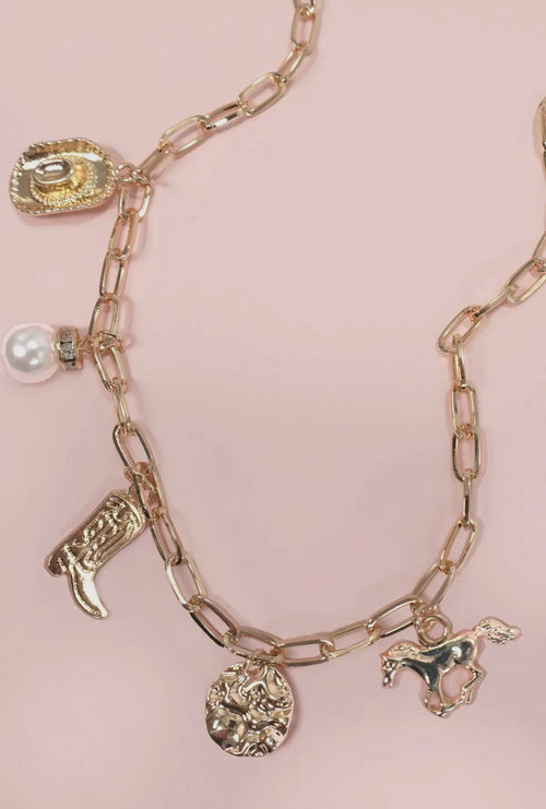 “The Golden Collection” Handmade 14k Gold Plated Western Pearl Charm Necklace