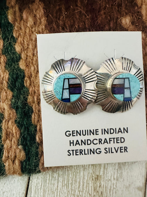 Old Pawn Navajo Sterling Silver & Multi Stone Inlay Post Earrings by Gary Arviso