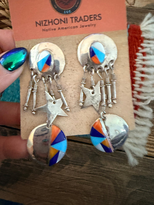Old Pawn Handcrafted Sterling Silver & Multi Stone Dangle Earrings