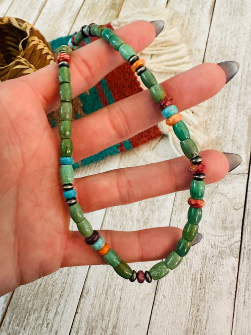 Navajo Turquoise, Spiny & Sterling Silver 16” Beaded Necklace