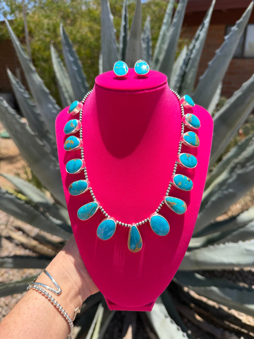 Handcrafted Turquoise & Sterling Silver Beaded Necklace and Earring Set
